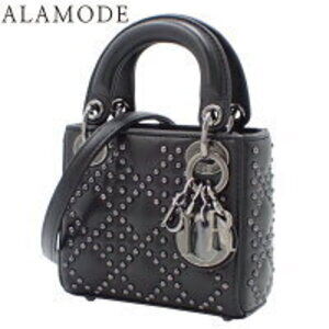 Christian Dior Lady Studded Handbag Shoulder Crossbody Bag Black Lambskin